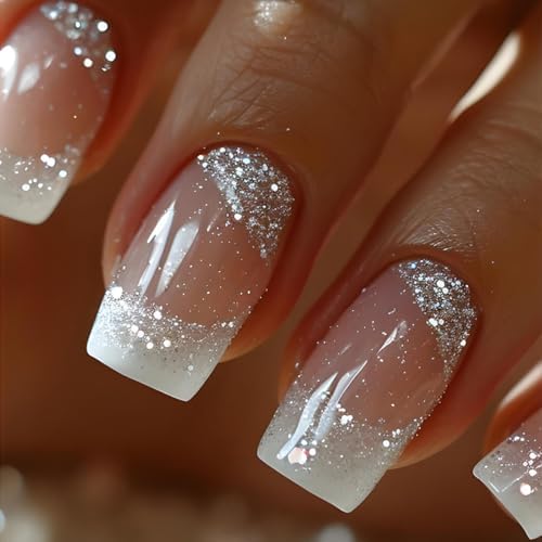 24Pcs White French Tip Press on Nails Square Medium Length Fake Nails White Ombre with Silver Glitter Designs Natural Glossy Artificial Acrylic Glue on Nails for Women Manicure Decoration