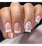 Medium Press on Nails Square Fake Nails White Flower Design False Nails French Tip Glue on Nails ...