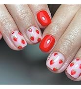 RIICFDD Red Press on Nails Short Square Fake Nails with Cute Strawberry Designs Glossy Acrylic Fa...