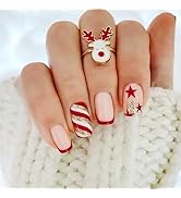 24Pcs Christmas Press on Nails Red French Tip Stick on Nails Stars Glitter Designs Fake Nails Pin...