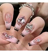 Medium Press on Nails Square Fake Nails French Tip Black False Nails Pink Full Cover Glue on Nail...