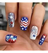 24Pcs Independence Day Press on Nails Medium Square Fake Nails with Star 4th of July False Nails ...