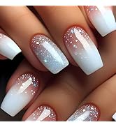 24Pcs Glitter Press on Nails Medium Coffin Fake Nails Gradient Glue on Nails Glossy Acrylic Nails...