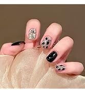 Apictseoo 24 Pcs Press on Nails Short, Black glitter rhinestones French Tips Square Fake Nails,12...