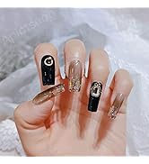 Apictseoo 24 Pcs Press on Nails False Nails Square Black Circles French Designs Coffin Fake Nails...