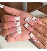 Medium Press on Nails Coffin Shape Fake Nails White Ombre False Nails with French White Tip And R...