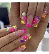 24Pcs French Tip Press on Nails Medium Square Fake Nails Spring Glue on Nails with Colorful Flowe...