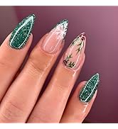 Green Press on Nails Medium Almond Fake Nails Christmas Nails Press ons French Nail Tip False Nai...