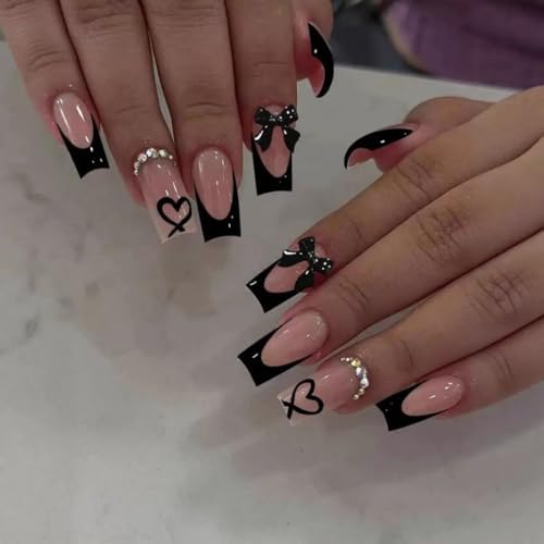 Medium Press on Nails Coffin Fake Nails Black French Tip False Nails with 3D Bow Charms Design Glue on Nails Heart Acrylic Nails Rhinestone Full Cover Stick on Nails for Women 24Pcs