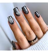 24Pcs Black Glitter Press on Nails Christmas Fake Nails Medium Square False Nails with Snowflake ...