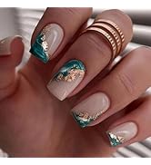 Square Press on Nails Short Acrylic Nails Green Marble Fake Nails with Gold Foil Design Glossy Nu...