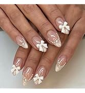 24pcs White French Tip Press on Nails Medium Almond Bow Fake Nails With Design Charm Pearl Glue o...