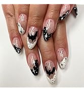 Halloween Press on Nails Medium Almond Fake Nails White&Black French Tip False Nails with Designs...