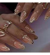 24pcs French Tip Press on Nails Medium Almond Fake Nails with Pearls Rhinestones Design Gold Fren...