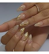 24Pcs Gold French Tip Press on Nails Short Almond Fake Nails 3D Gold Irregularity Glossy Full Cov...