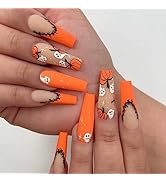 Halloween Press on Nails Long Coffin Fake Nails Press Ons Orange French False Nails with Designs ...