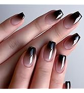 24 Pcs French Tip Press on Nails Short Coffin Black White Gradient Fake Nails with Design Full Co...