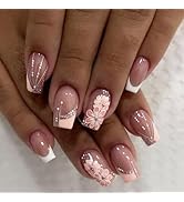 24Pcs French Tip Press on Nails Medium Square Fake Nails with Glitter Pink Flower False Nails Whi...
