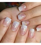 Press on Nails Short Glue on Square Nails Pink Ombre Acrylic Nails Glitter Glue on Nails Transluc...