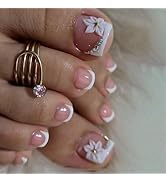 24pcs Press on Toenails Short Square French Tip Fake Toenails 3D Flower Charm designs Summer Glue...