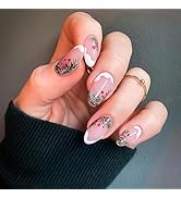 24Pcs French Tip Press on Nails Christmas Fake Nails Medium Almond False Nails Pink with Christma...