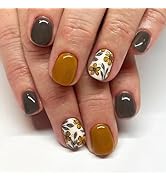 Short Fake Nails Square Press on Nails Flowers Acrylic Nails Yellow & Grey Full Cover Nails Press...