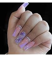 24 Pcs Medium Length Press on Nails Coffin Rhinestones Fake Nails French Purple Butterfly and Seq...