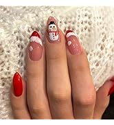 Christmas Press on Nails Medium Almond Fake Nails Red French Tip False Nails with Designs Red San...