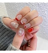 Christmas Press on Nails Short Square Fake Nails French Tips False Nails with Designs Red Silver ...