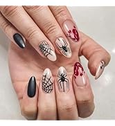 Halloween Press on Nails Medium Almond Fake Nails Nude False Nails with Designs Spider Web Blood ...