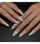 24 Pcs 5D Flower Nails RIICFDD French Tip Press on Nails Medium Almond Fake Nails with Cute Charm...