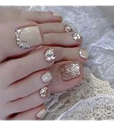 White Press on Toenails Gold Glitter Rhinestone Design Square Fake Toenails Luxurious Short Acryl...