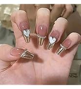 Apictseoo 24 Pcs Nude Press on Nails Long, Pink Gold French Tips Fake Nails,Heart-shaped Rhinesto...