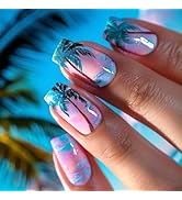 Spring Summer Press on Nails Medium Square Fake Nails Pink Blue Gradient False Nails with Coconut...