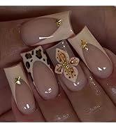Leopard French Tip Press on Nails Medium Square Fake Nails with 3D Flower Star Designs Nial Tisp ...