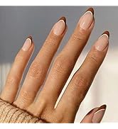 24pcs Almond Press on Nails Fall Short Fake Nails Brown White French Tip False Nails with Solid C...