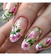 24Pcs Almond Shaped Press on Nails Flower Fake Nails Medium Length Glue on Nails Spring Acrylic N...