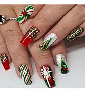 Sokfone Christmas Nails Press on Medium Fake Nails Ballerina False Nails Red Green Acrylic Nails ...