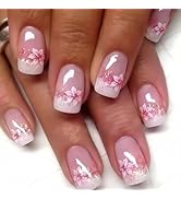 24Pcs French Tip Press on Nails Short Square Fake Nails Pink Flower with Glitter Full Cover Tip G...