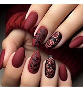 Valentine’s Day Press on Nails Rose Flower Fake Nails Medium Almond Glue on Nails Wine Red Acryli...