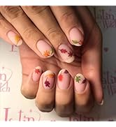 Fall Press on Nails Oval Fake Nails Full Cover Maple Leaves designs Acrylic Artificial Nails Nude...