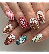Christmas Press on Nails Short Almond Fake Nails Gingerbread Man False Nails with Design Snowflak...