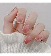 24Pcs Press on Nails Short,Square False Nails with Glitter Foil Designs Nude Pink Gradient Full C...