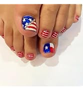 24pcs 4th of July Press on Toenails Short Square Blue Red Fake Toe Nails with American Flag Rhine...