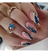 Blue Marble Press on Nails Medium Almond Fake Nails Nude Pink False Nails with Designs Gold Foil ...