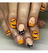 Halloween Press on Nails Short Square Fake Nails Orange False Nails with Designs Cartoon Pumpkin ...