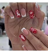 Christmas Press on Nails Medium Square Fake Nails Red False Nails Glitter with Designs Full Cover...