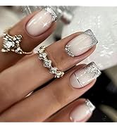 French Tip Press on Nails Short Square Fake Nails Rhinestone Designs False Nails Silvery Glitter ...