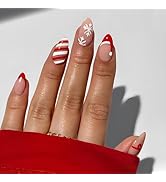 Christmas Press on Nails Short Almond Fake Nails, Red French Tip Press on Nails White Snowflake D...