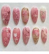 30Pcs Pink Flower Press on Nails Medium Almond Fake Nails Peach Blossom with 3D Rhinestones Pearl...